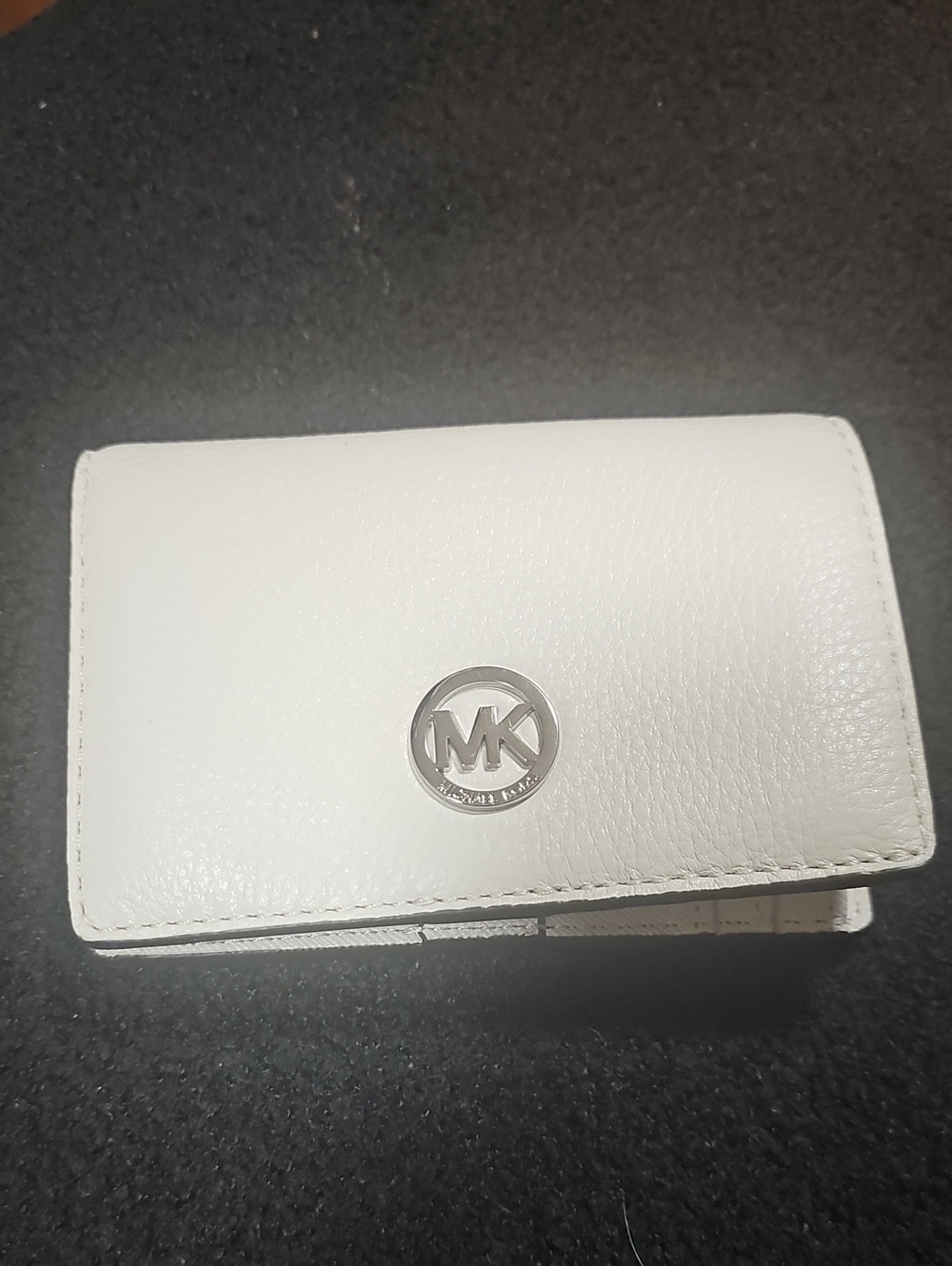 Michael Kors White Leather Card & Key Holder with Silver MK Logo